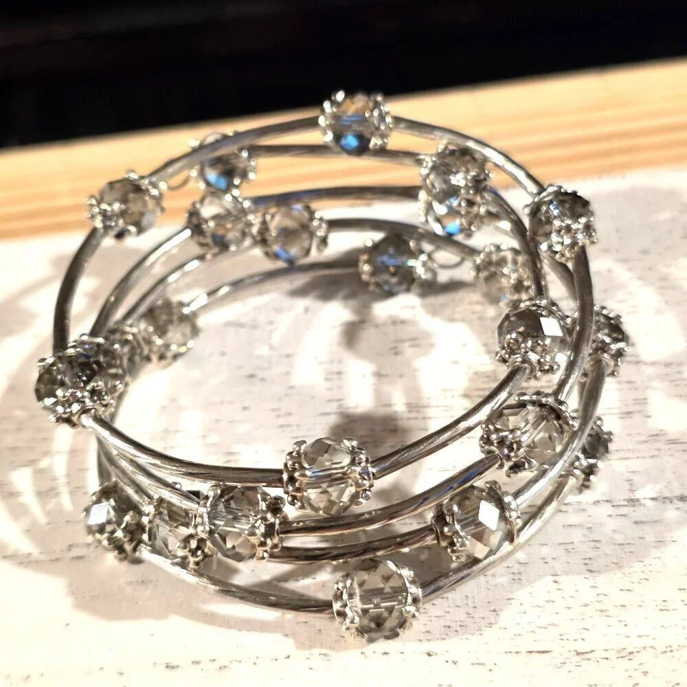 Silver Tone Crystal Wrap Bracelet With Gray Smoke Faceted Beads Filigree Details